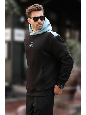 Die Grup Madmext Siyah Kapüşonlu Renk Bloklu Nakış Detaylı Erkek Sweatshirt 7088,SIYAH L