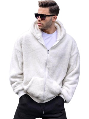 Die Grup Madmext Ekru Peluş Over Fit Kapüşonlu Fermuarlı Erkek Sweatshirt 6049,EKRU L