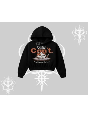 Die Grup Tarzsokak Kedi Baskılı Cant Busy Napping Y2K Kapşonlu Crop Sweatshirt, Siyah, M