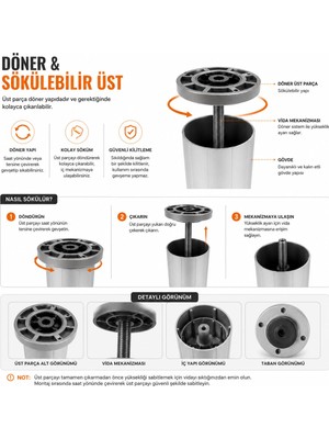 Die Grup Koltuk Mobilya Ayağı Set 4'lü, Yükseklik Ayarlı 10 cm