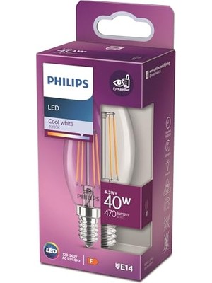 Esranın Dünyası Philips LED Classic 40W B35 E14 Mum Tipi Beyaz Işık Dim Edilmez Filament LED Ampul          [enerji Sınıfı F]