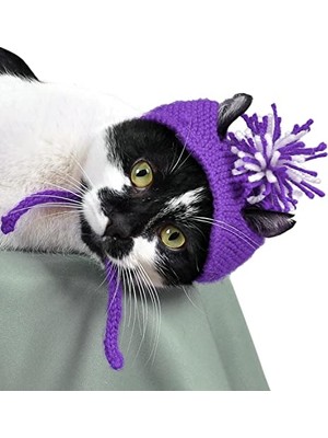 Esranın Dünyası Örme Kedi Şapkası Mor Renk Yılbaşı Şapkası