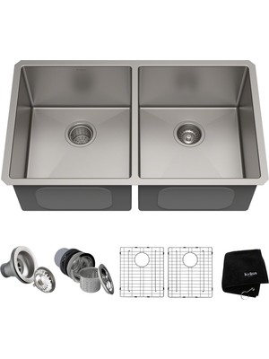 Kraus KHU102-33 Çift Ankastre Evye, Aynı Büyüklükte Paslanmaz Çelik Lavabolu (83,82 Cm, 1,29 Mm)