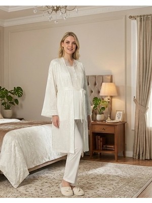 SS Home Concept Bone 6201 Kadın Jakar Saten Sabahlıklı Lohusa Pijama Takımı