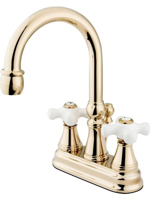 Kingston Brass KS2612PX Vali Pirinç Açılır ve Porselen Çapraz Saplı 4 Inç Centerset Lavabo Bataryası, Parlak Pirinç