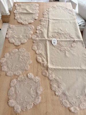Ceki Home Salon Takımı Çeyizlik Kapiçino Runner Set 5 Parça Keten Masa Örtüsü Runneri Flowers
