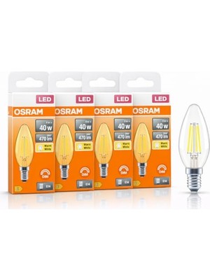 Esranın Dünyası Osram LED Mum Ampul 4W E14 2700K Dimmer Uyumlu 4'lü Paket 470 Lümen Sarı Işık Şeffaf Filament Ampul 40W Eşdeğer          [enerji Sınıfı E]