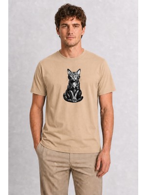 Wakha Dövme Stili Mistik Kedi Grafiği - Krem