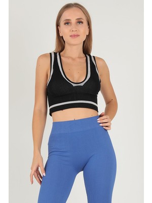 Doremi Seamless Crop Renk Bloklu Spor Bluz Siyah Xs-S