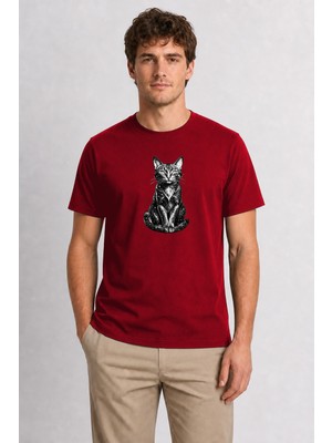 Wakha Dövme Stili Mistik Kedi Grafiği - Kırmızı