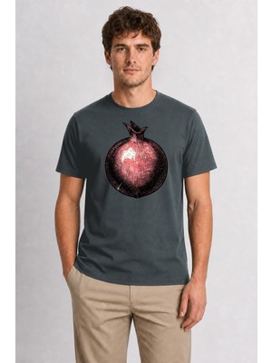 Wakha Vintage Botanik Nar Desenli Baskı Tişört - Füme