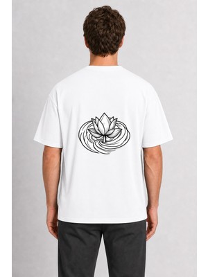 Wakha Hindistan Lotus Minimal Tasarım - Sırt Baskılı - Beyaz Tişört