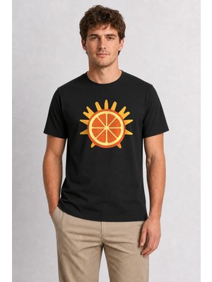 Wakha Retro Portakal Dilimi Grafik Baskı Tişört - Siyah