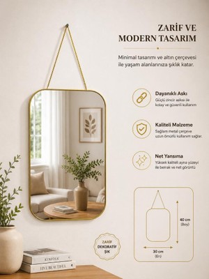 Abnturk 40X30CM Dekoratif Kenarları Oval Dikdörtgen Duvar Aynası-Gold Çerçeveli Salon Mutfak Antre Banyo Aynası