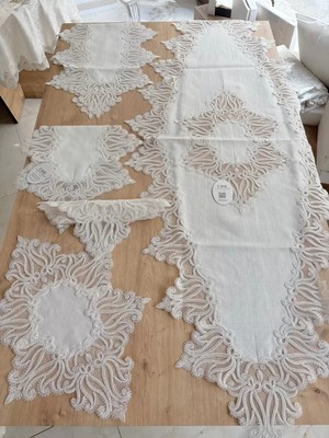 Ceki Home Salon Takımı Çeyizlik Krem Runner Set 5 Parça Keten Ranır Masa Konsol Sehpa Örtüsü Gülseda