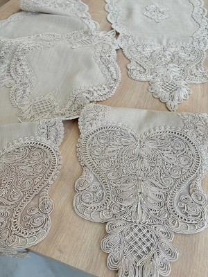 Ceki Home Salon Takımı Çeyizlik Gold Runner Set 5 Parça Keten Ranır Masa Konsol Sehpa Örtüsü Gerdan