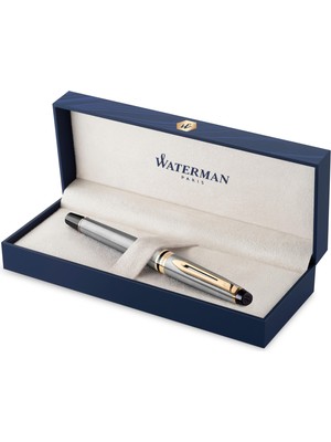 Waterman Expert Paslanmaz Çelik Altın Tasarımlı Dolma Kalem, Orta Kalınlıkta Uç, Mavi Mürekkep