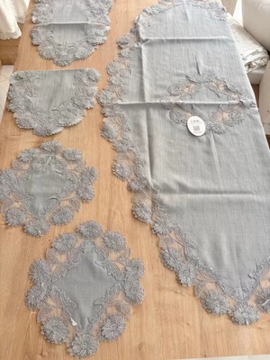 Ceki Home Salon Takımı Çeyizlik Gri Runner Set 5 Parça Keten Masa Örtüsü Runneri Flowers