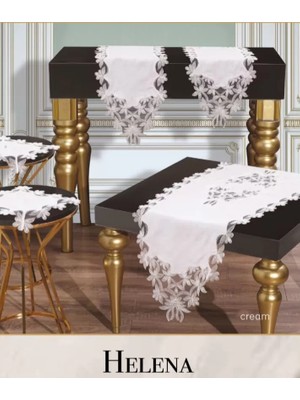 Ceki Home Salon Takımı 5 Parça Keten Dantelli Masa Örtüsü Runner Seti Çeyizlik Helena Model Krem