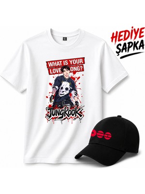 BarsDepo Bts Jungkook Baskılı Tişört, Premıum Kalite Unisex Çocuk / Yetişkin (Şapka Hedıyelı)