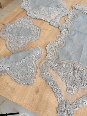 Ceki Home Salon Takımı Çeyizlik Gri Runner Set 5 Parça Keten Masa Örtüsü Runneri Gerdan