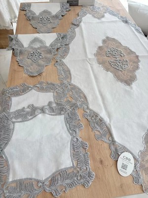 Ceki Home Salon Takımı Çeyizlik Krem Gri Runner Set 5 Parça Keten Masa Örtüsü Runneri Evalina