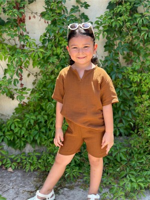 Bahnur Kahverengi Kız Erkek Bebek Çocuk Müslin Alt Üst Takım