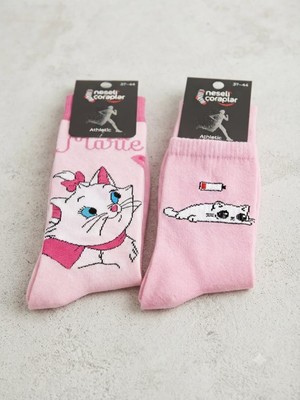 D2listone Kedi Desenli Pembe 2 Li Soket, Tenis  Çorap