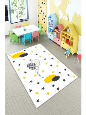 Die Grup Pelangi Beyaz Balon ve Bulut Desenli Yıkanabilir Kaymaz Taban Leke Tutmazbebek ve Çocuk Odası Halısı, Beyaz 120 x 200