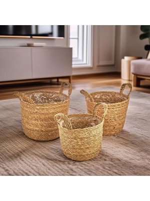 Deconox 3'lü El Yapımı Doğal Hasır Kulplu Yuvarlak Saksı Seti, Hasır El Yapımı Suya Karşı Koruma Poşetli Yuvarlak Örgü Saksı 3'lü Set, Rattan Saksı Seti, (24CM*22CM-22CM*20CM-20CM*18CM)