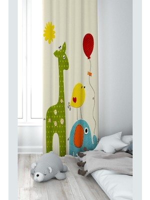 Die Grup Pelangi Krem Sevimli Hayvan Desenli Dijital Baskı Yıkanabilir Bebek Çocuk Odası Fon Perdesi, Krem 140 x 270