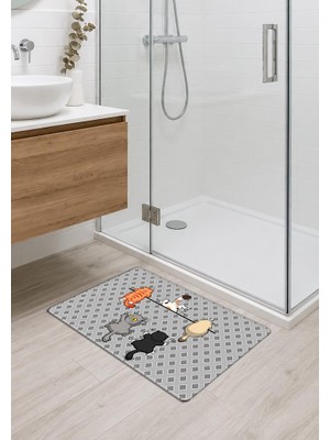 Die Grup Yaramaz Kediler Banyo Mutfak Oda Balkon Paspası 40X70CM Kaymaz Taban Dikişli Kenar