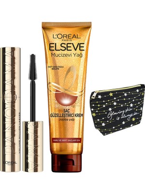 L’oréal Paris L'oréal Paris Panorama Hacim Veren Maskara Siyah & Elseve Mucizevi Yağ Saç Güzelleştirici Krem 150 ml - Kuru ve Sert Saçlar & Hediye Çanta