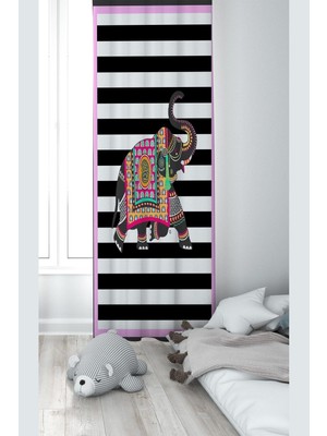 Die Grup Pelangi Lila Fil Desenli Dijital Baskı Yıkanabilir Bebek Çocuk Odası Fon Perdesi, Siyah-Pembe 140 x 200