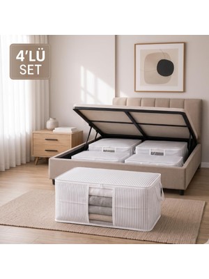 Die Grup Baza ve Yatak Altı Uyumlu 4 Adet Lüks Pencereli Dolap Düzenleyici Hurç Baza Altı Hurç 64X45X22 cm (Beyaz)