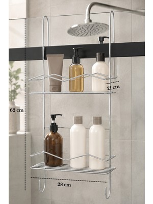 Edora Home Parlak Silver Duşakabin Askılı 2 Katlı Banyo Rafı Şampuanlık Düzenleyici Metal Askılık