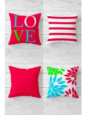 Die Grup Pelangi Love Yazılı Çiçekli ve Enine Çizgili Gizli Fermuar Kırlent Kılıfı Koltuk Yastık Kılıfı TAKIM(4ADET), Fuşya-Beyaz 45 x 45