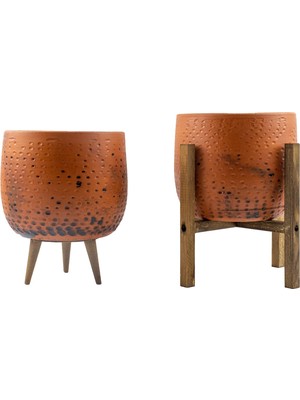 Bitki Tasarımı Ev Dekorasyon Aksesuar Siyah Nokta Desenli Toprak Saksı Saksılık Salon Çiçeklik Ikili Set 3 Ayaklı- 4 Ayaklı- 19 cm