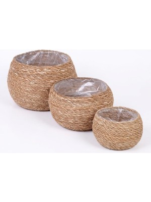 Deconox 3'lü Yuvarlak Sığ Tombul Hasır Saksılık Seti, Doğal Görünümlü Iç Koruma Poşetli Dekoratif Saksı, Büyük 21X16 cm Orta 18X13 cm Küçük 15X11 cm