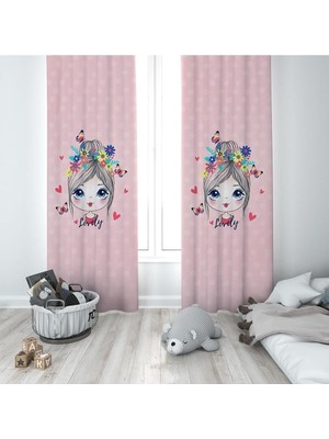 Pelangi Pembe Prenses Desenli Dijital Baskı Yıkanabilir Bebek Çocuk Odası Fon Perdesi, Koyu Pembe-Mavi 140 x 240
