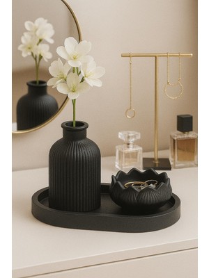 Die Grup Siyah Lotus Kase ve Çizgili Vazo Seti – 3’lü El Yapımı Tepsili Minimalist Dekor – Modern Ev & Ofis Aksesuarı