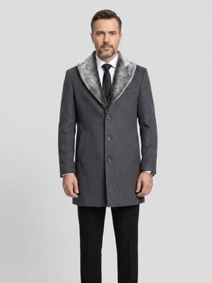 Plus Scorpion Erkek Uzun Kaşe Kaban – Çıkartılabilir Kürk Yaka, Astarlı ve Cepli Slim Fit Mont