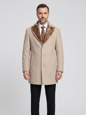 Plus Scorpion Erkek Uzun Kaşe Kaban – Çıkartılabilir Kürk Yaka, Astarlı ve Cepli Slim Fit Mont