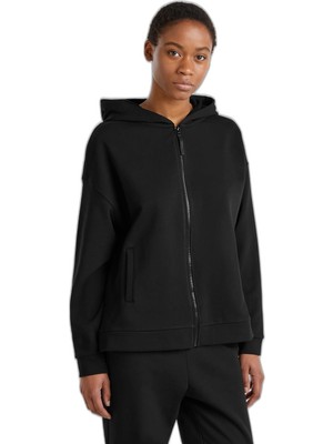 Hakay United Colors Of Benetton Kadın Siyah Logo Baskı Detaylı Kapüşonlu Relax Fit Sweatshirt, Siyah, Xl