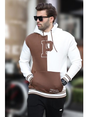 Hakay Madmext Ekru Renk Bloklu Kapüşonlu Baskılı Erkek Sweatshirt 7078,EKRU M