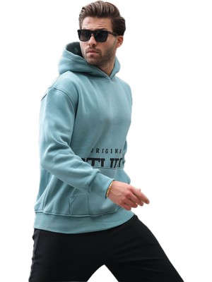 Hakay Madmext Mavi Kapüşonlu Baskılı Cep Detaylı Sweatshirt E7076,MAVI M