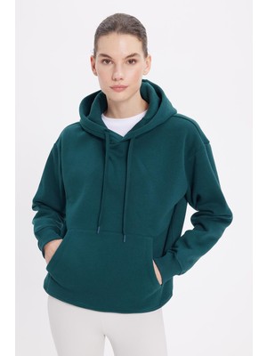 Hakay Tudors Kapüşonlu Sweatshirt Oversize Geniş Kesim Içi Polarlı, M, SW250025-E04, Yeşil, Kadın