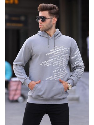 Hakay Madmext Boyalı Gri Baskılı Kapüşonlu Sweatshirt 6009,BOYALI Gri Xl