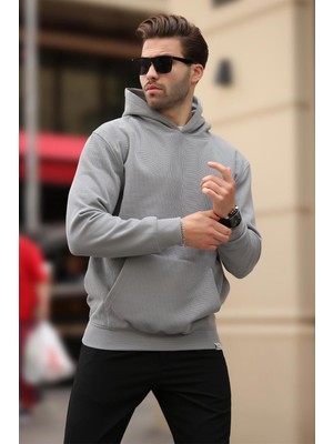 Hakay Madmext Boyalı Gri Kapüşonlu Cep Detaylı Sweatshirt 7095,GRI Xl