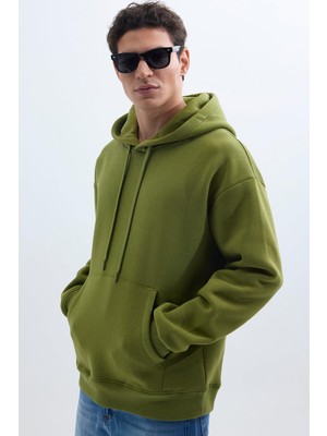 Hakay Tudors Kapüşonlu Sweatshirt Oversize Geniş Kesim Içi Polarlı, M, SW240001-01, Yeşil, Erkek